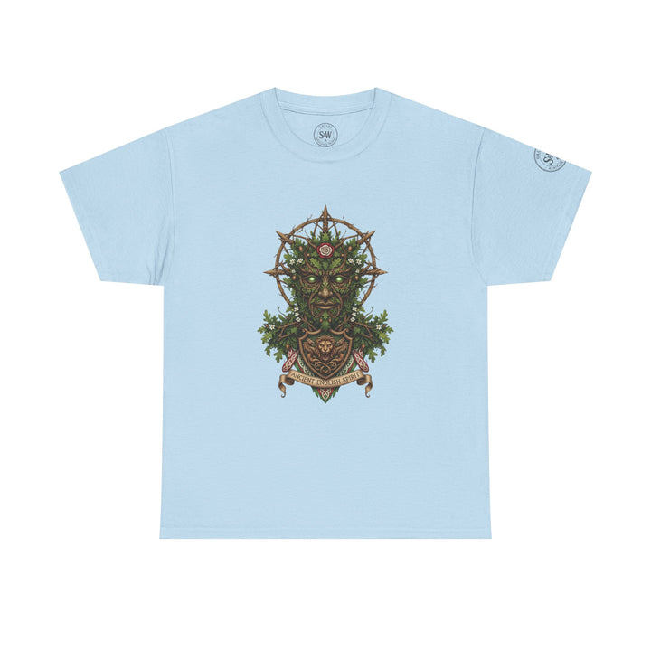 Light blue t-shirt from S&amp;W Gallus featuring a mythic green man graphic on the front.