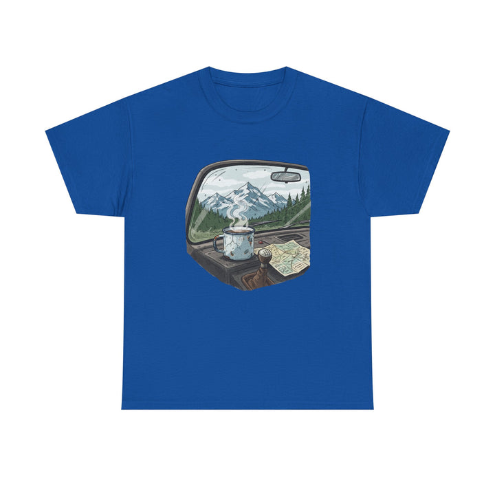 Van Roadtrip View T-Shirt featuring a scenic travel-inspired design. Soft cotton comfort perfect for van life, road trips, and outdoor adventures.