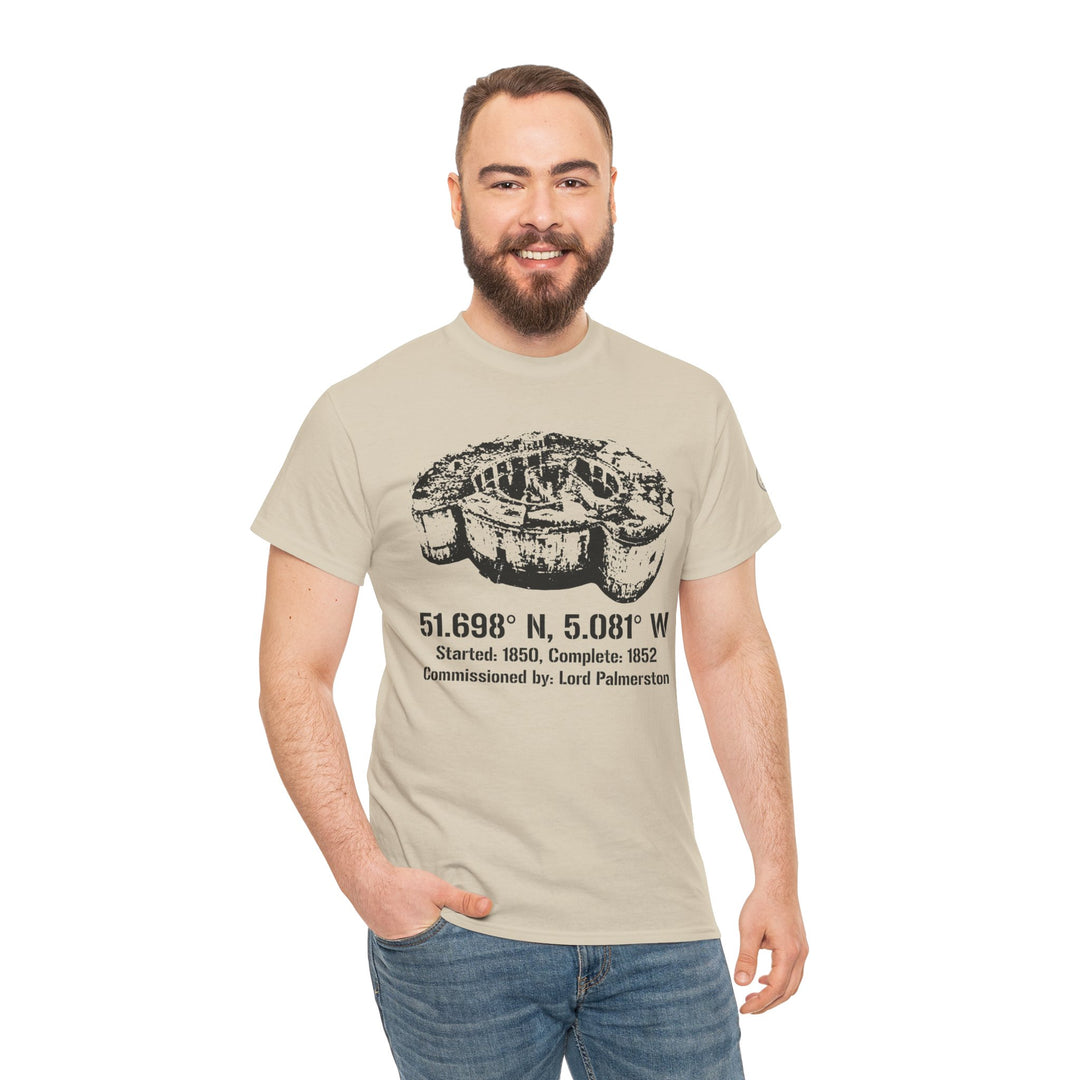 Tan t-shirt with fort graphic by S&amp;W Gallus, worn with jeans by a smiling man.