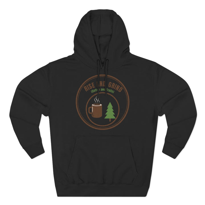 Black hoodie by S&amp;W Gallus with a "rise and grind" coffee and trails graphic on the chest.