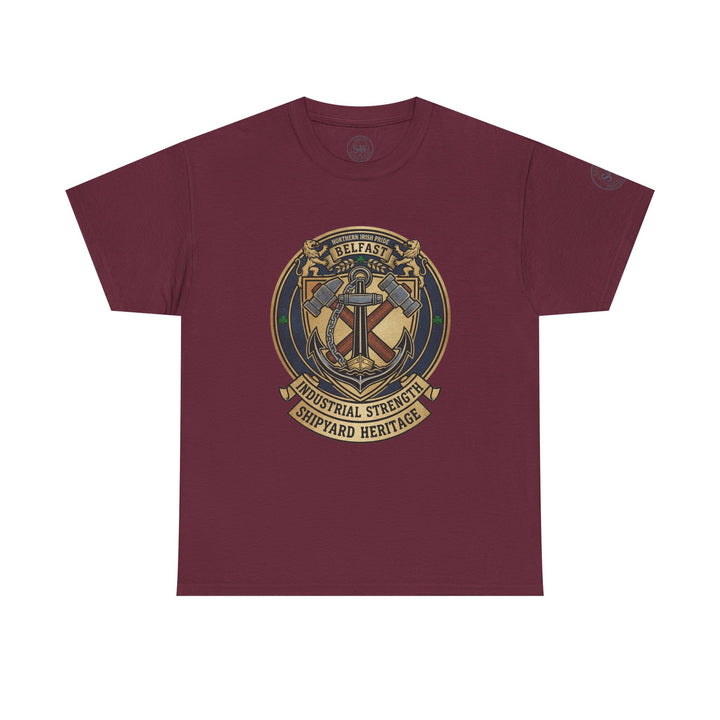 Burgundy t-shirt by S&amp;W Gallus with Belfast shipyard heritage crest graphic on the chest.