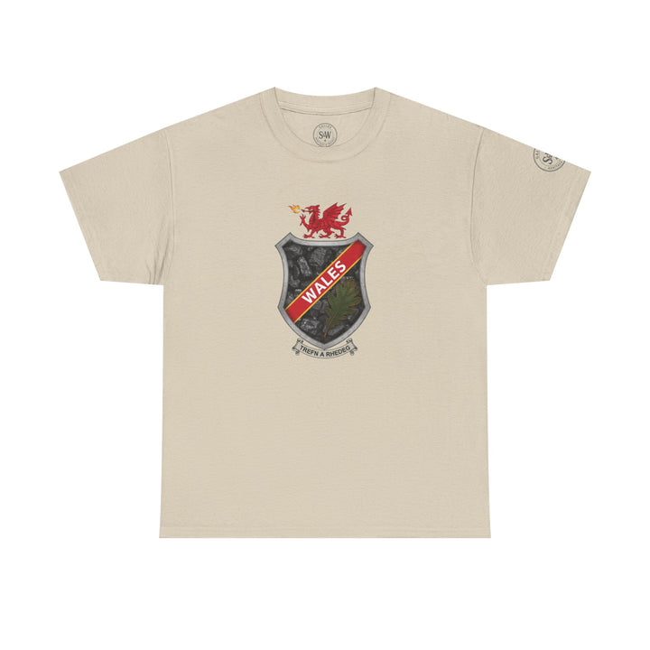 Beige Wales Shield Crest T-shirt by S&amp;W Gallus, featuring a shield graphic with coal, oak leaf, and dragon details.