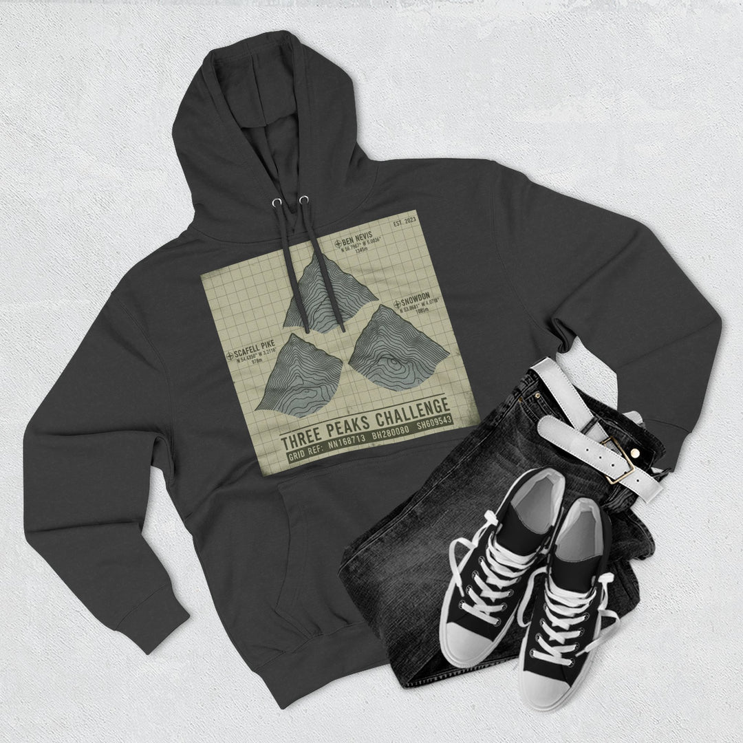 Three Peaks Challenge Graphic Hoodie — Retro UK Mountain Summit Pullover