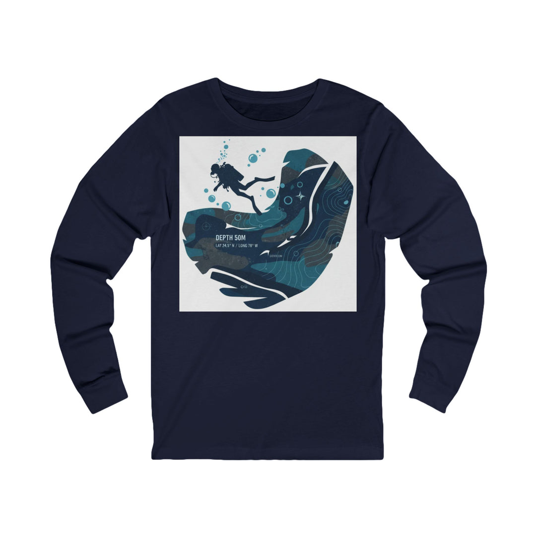 Navy long-sleeve tee by S&amp;W Gallus featuring a scuba diving graphic on a white square background.
