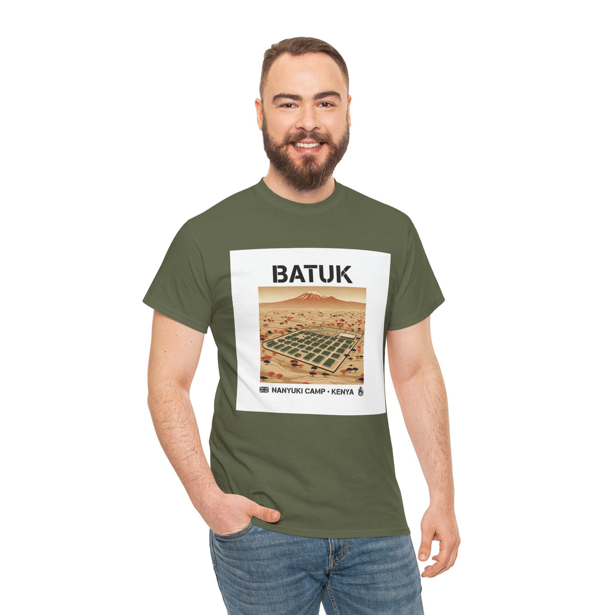 Olive green graphic t-shirt by S&W Gallus, featuring an illustration of Nanyuki Camp in Kenya.