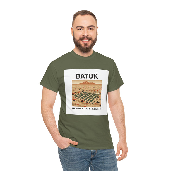 Olive green graphic t-shirt by S&amp;W Gallus, featuring an illustration of Nanyuki Camp in Kenya.