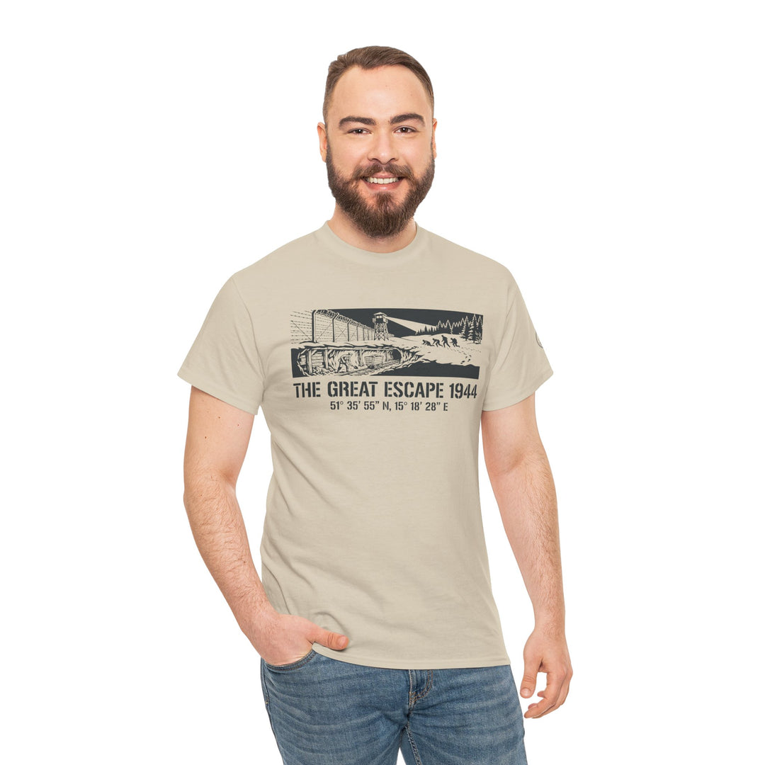 Beige t-shirt with "The Great Escape 1944" design by S&amp;W Gallus, worn with blue jeans.
