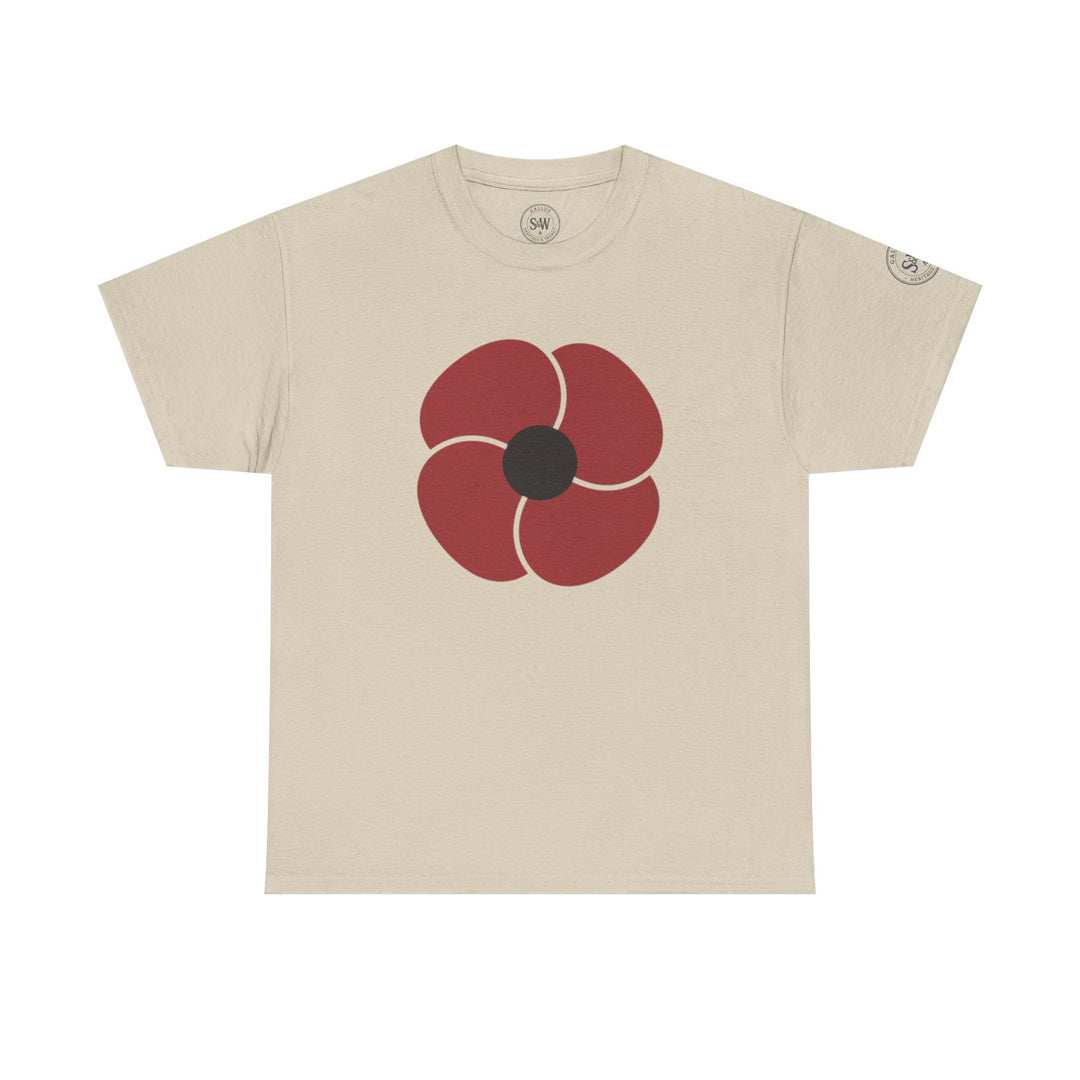 Beige t-shirt by S&amp;W Gallus with a four-petal red poppy emblem on the chest.