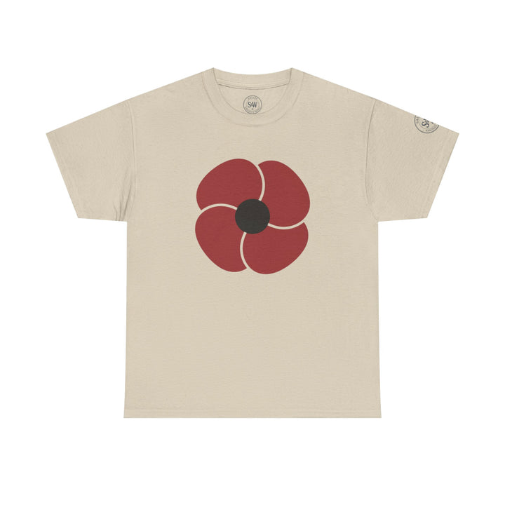 Beige t-shirt by S&amp;W Gallus with a four-petal red poppy emblem on the chest.