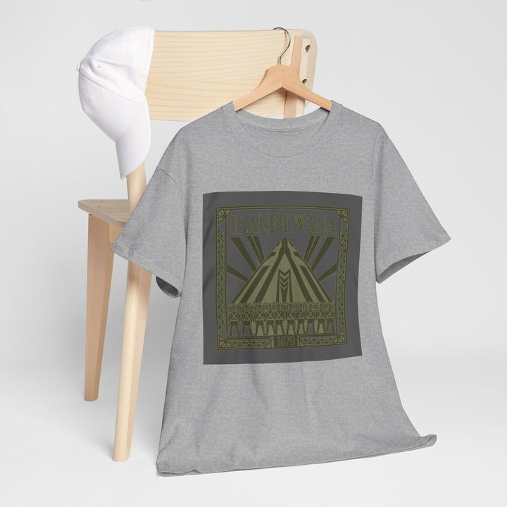 Isandlwana Festival Tee featuring bold “M” pyramid graphic. Outdoor music shirt inspired by iconic landscape vibes.