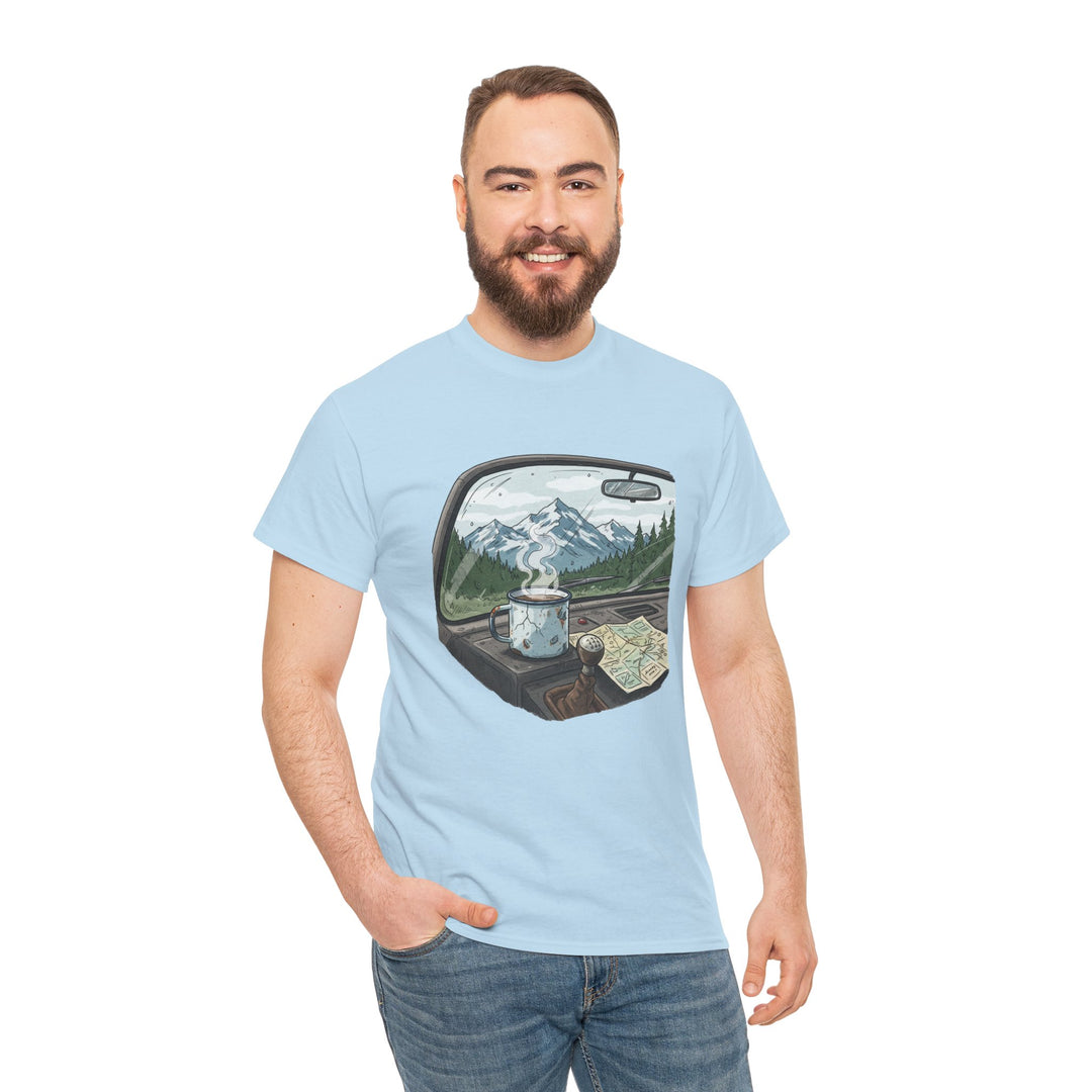Van Roadtrip View T-Shirt featuring a scenic travel-inspired design. Soft cotton comfort perfect for van life, road trips, and outdoor adventures.