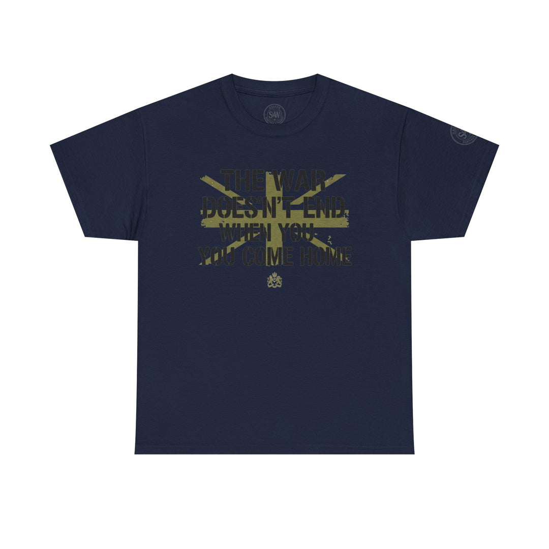Navy blue T-shirt by S&amp;W Gallus, featuring a distressed graphic text print and sleeve detail.
