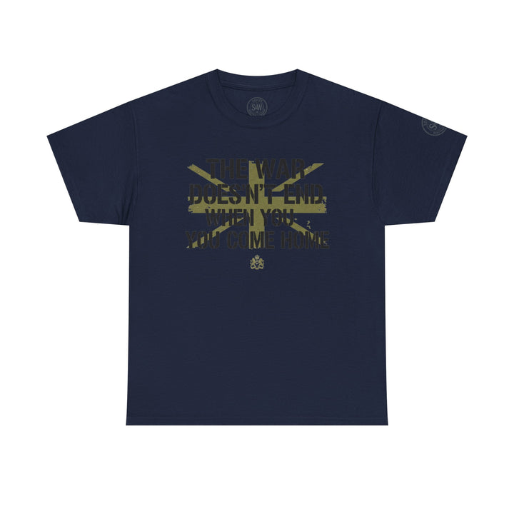 Navy blue T-shirt by S&amp;W Gallus, featuring a distressed graphic text print and sleeve detail.
