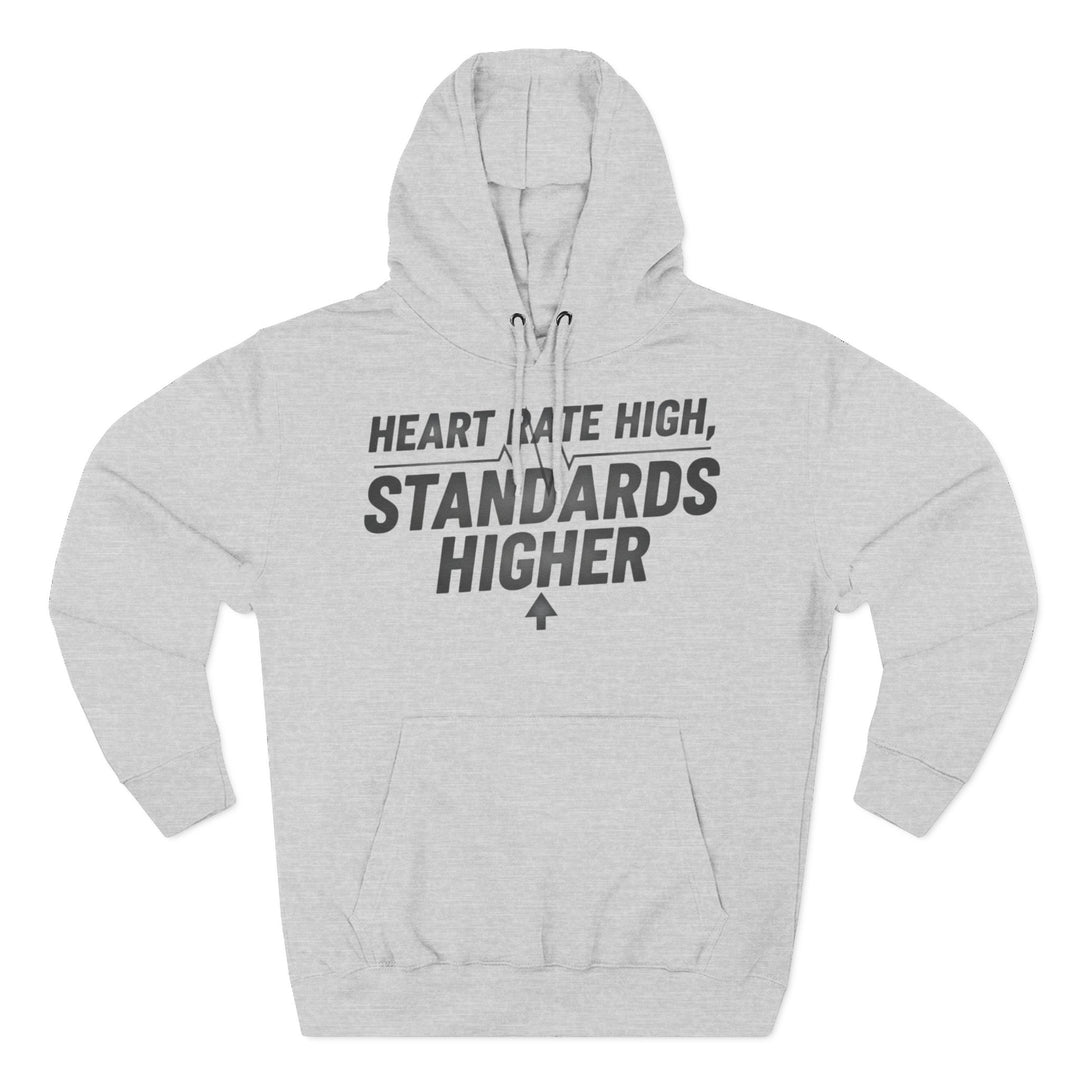 Heather grey hoodie by S&amp;W Gallus with a hood, long sleeves, and a front pocket, featuring a printed motivational text.