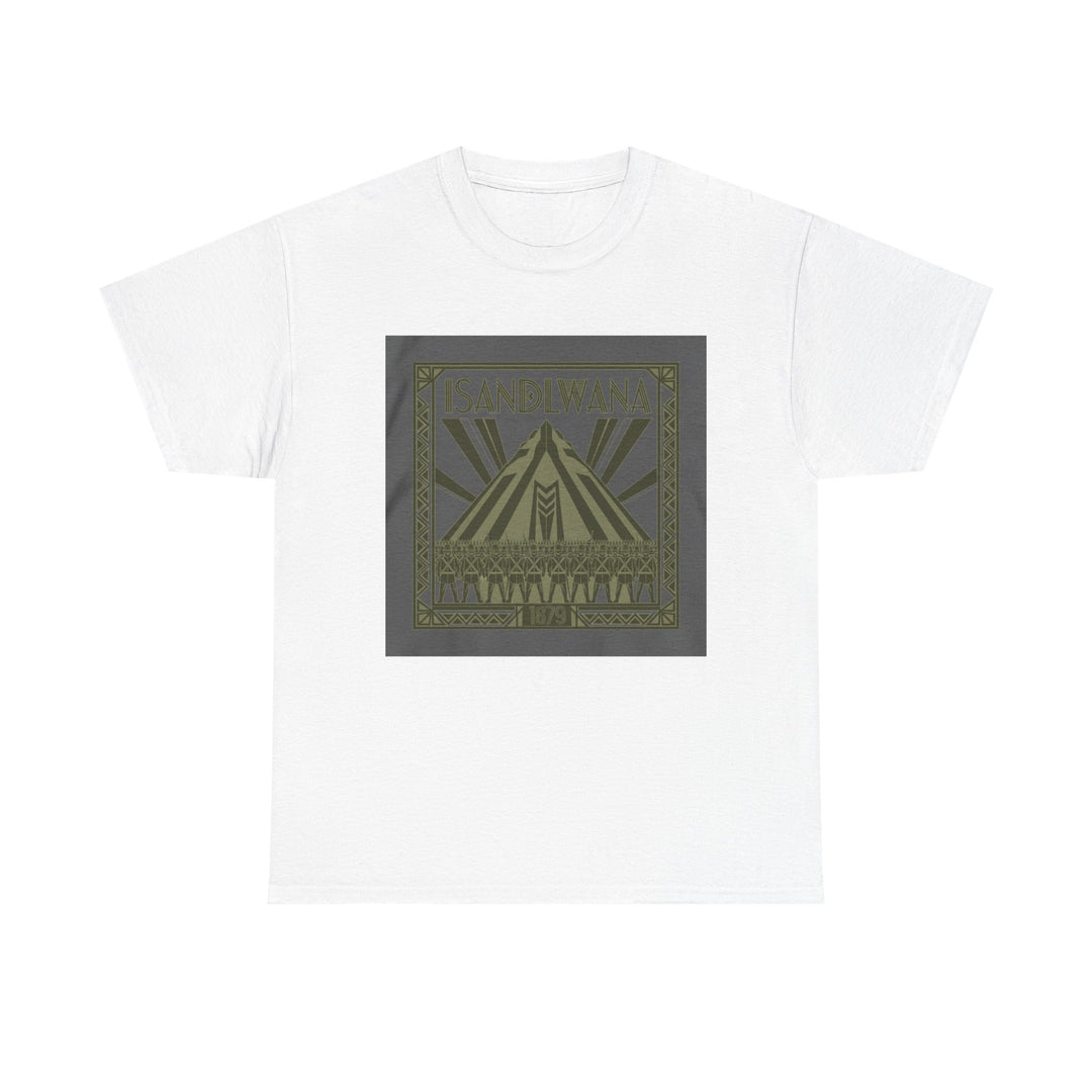 Isandlwana Festival Tee featuring bold “M” pyramid graphic. Outdoor music shirt inspired by iconic landscape vibes.
