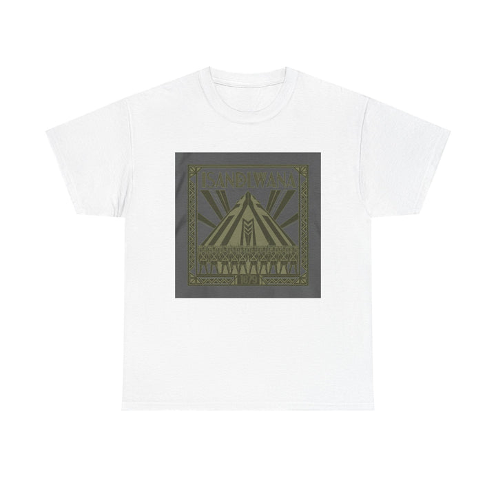 Isandlwana Festival Tee featuring bold “M” pyramid graphic. Outdoor music shirt inspired by iconic landscape vibes.