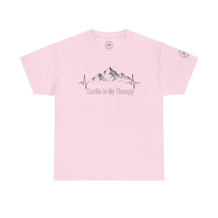 Pink t-shirt by S&amp;W Gallus, featuring a mountain illustration and "Cardio is My Therapy" text graphic.