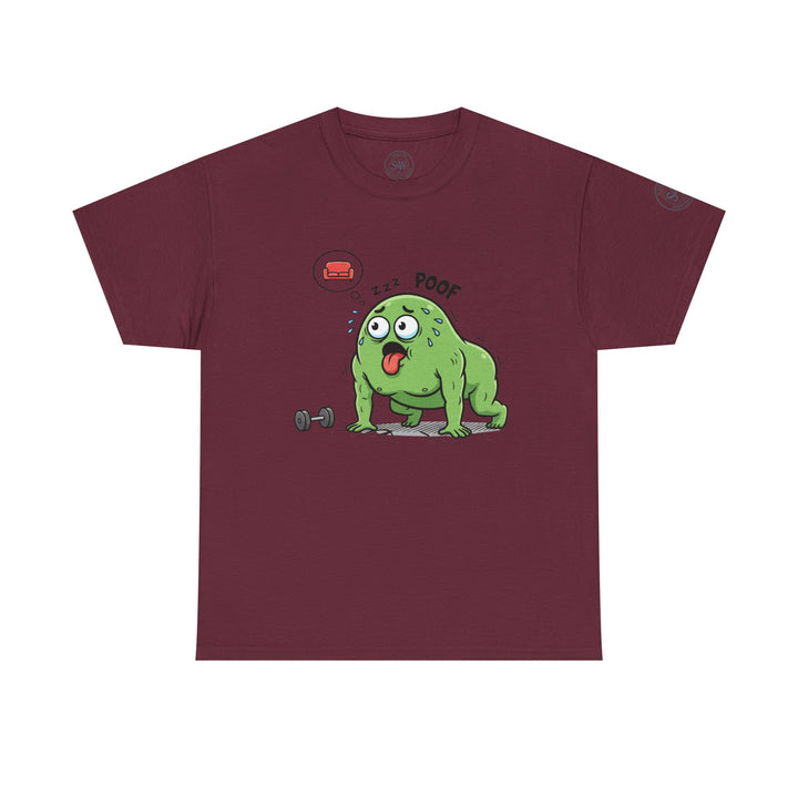 Burgundy t-shirt by S&amp;W Gallus with a cartoon design of an exhausted green monster after a workout.