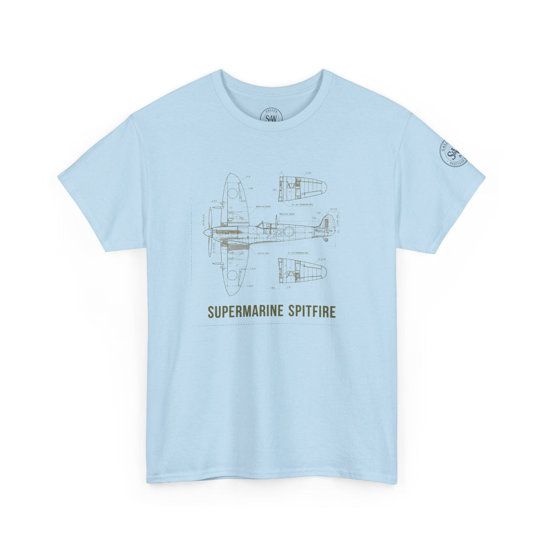 Light blue T-shirt with Supermarine Spitfire blueprint by S&amp;W Gallus, featuring a detailed aircraft schematic design.
