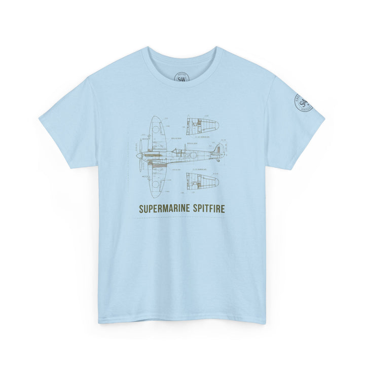 Light blue T-shirt with Supermarine Spitfire blueprint by S&amp;W Gallus, featuring a detailed aircraft schematic design.
