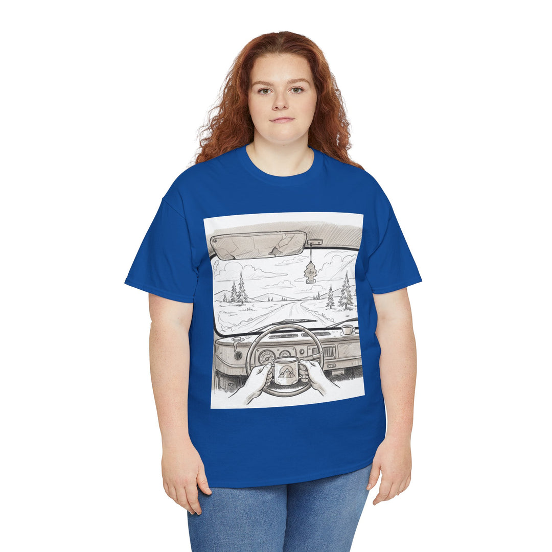 Scenic Drive Van Illustration Tee – soft cotton with a detailed van and landscape design. Perfect for road trips, outdoor adventures, and casual wear.