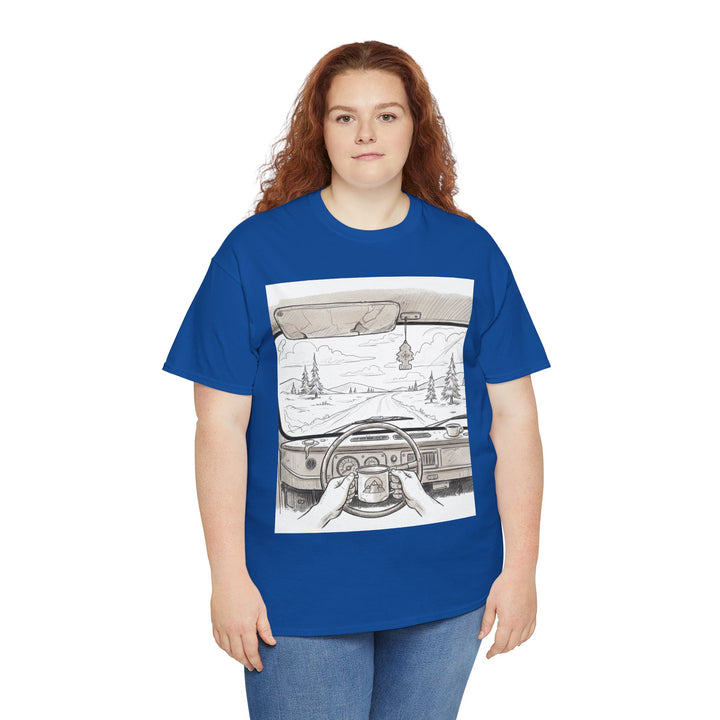 Scenic Drive Van Illustration Tee – soft cotton with a detailed van and landscape design. Perfect for road trips, outdoor adventures, and casual wear.