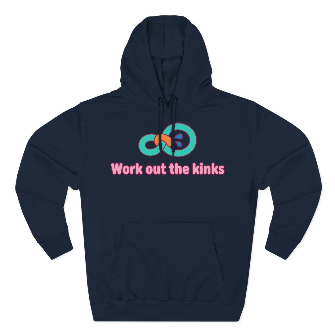Navy hoodie by S&amp;W Gallus with a bright graphic and the phrase "Work out the kinks".