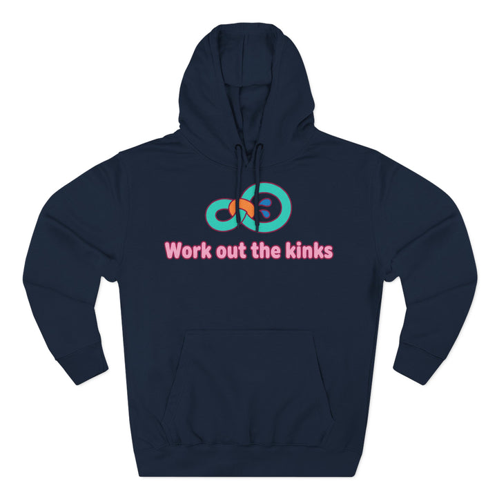 Navy hoodie by S&amp;W Gallus with a bright graphic and the phrase "Work out the kinks".