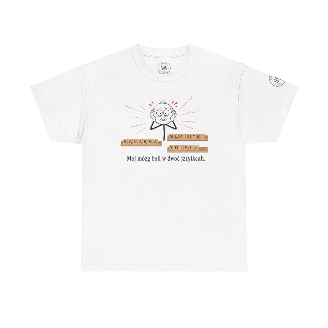 White graphic T-shirt by S&amp;W Gallus, featuring a stick figure and scrambled letters above a Polish phrase.