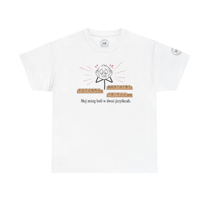 White graphic T-shirt by S&amp;W Gallus, featuring a stick figure and scrambled letters above a Polish phrase.
