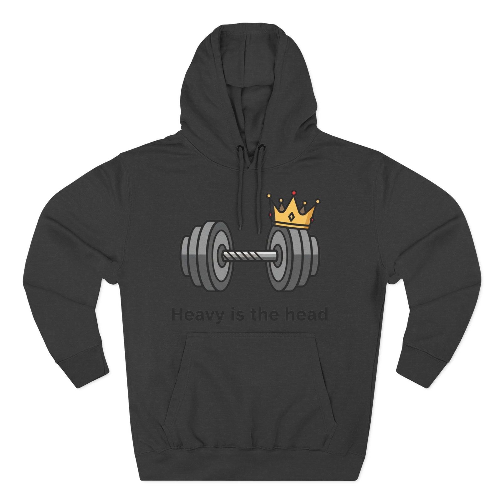 Charcoal hoodie by S&W Gallus featuring a cartoon barbell with a crown graphic and the text, "Heavy is the head".