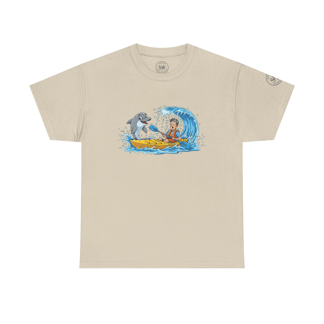 Beige t-shirt with surfing dolphin graphic by S&amp;W Gallus featuring a man kayaking and a dolphin jumping from a wave.