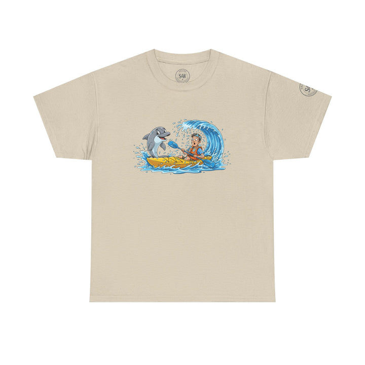 Beige t-shirt with surfing dolphin graphic by S&amp;W Gallus featuring a man kayaking and a dolphin jumping from a wave.