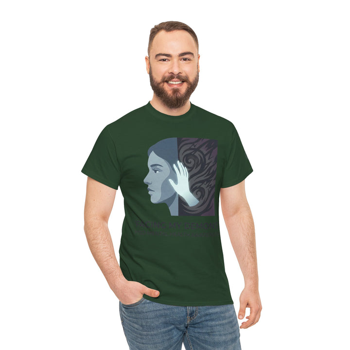 Forest green t-shirt by Veteran Owned, featuring a graphic of a woman&
