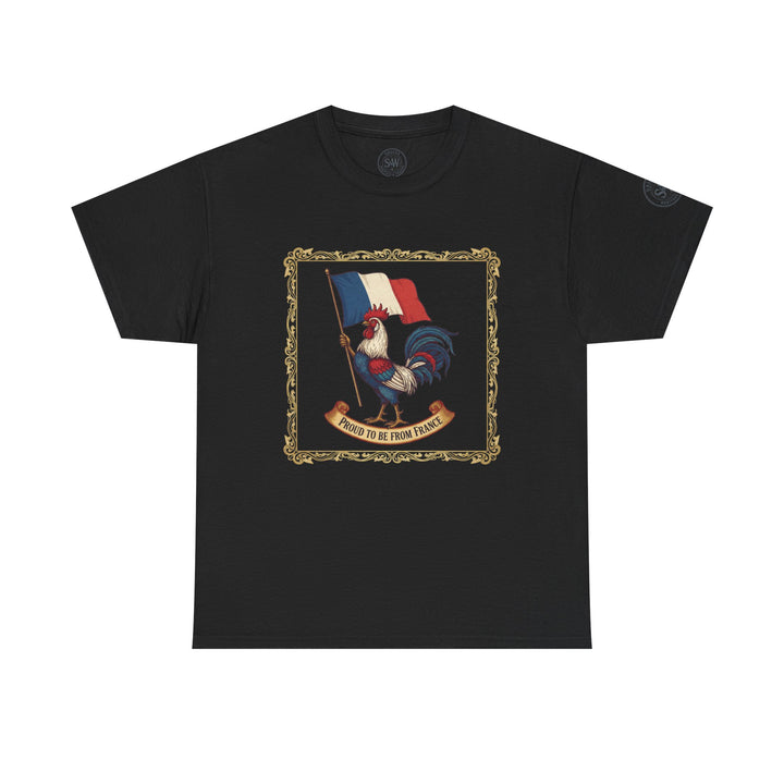Black t-shirt by S&amp;W Gallus featuring a framed graphic of a rooster holding the French flag and a banner reading "Proud to be from France."