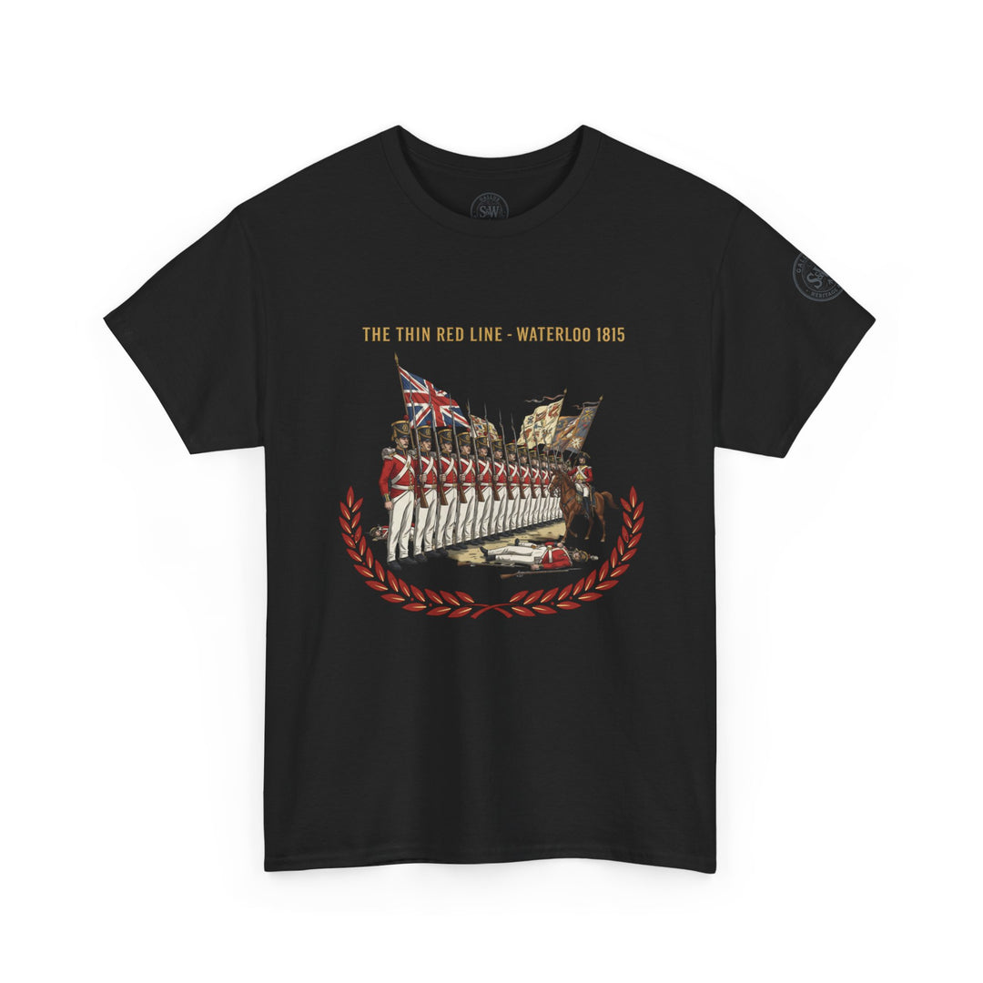 Black t-shirt by S&amp;W Gallus with a "The Thin Red Line - Waterloo 1815" print and laurel wreath.
