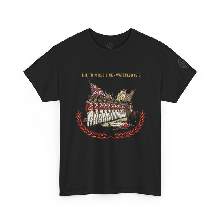 Black t-shirt by S&amp;W Gallus with a "The Thin Red Line - Waterloo 1815" print and laurel wreath.
