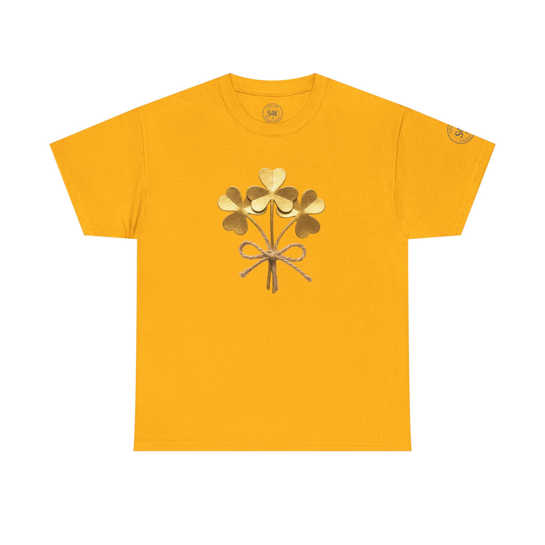 Yellow T-shirt by S&amp;W Gallus featuring a gold shamrock bouquet tied with twine, displayed on a white background.
