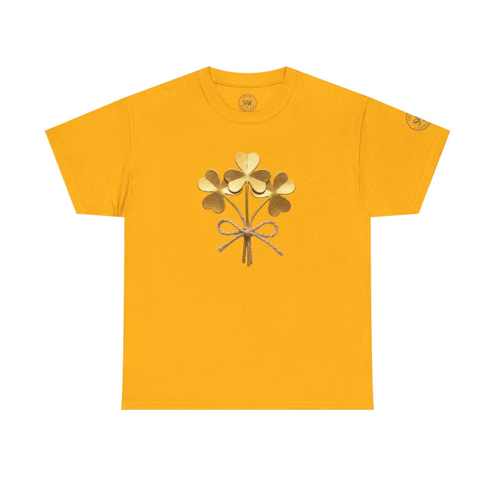 Yellow T-shirt by S&amp;W Gallus featuring a gold shamrock bouquet tied with twine, displayed on a white background.