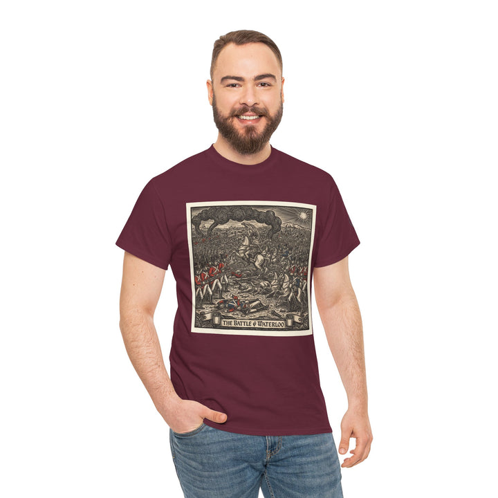 Maroon t-shirt with a vintage historical war illustration by S&amp;W Gallus, worn with jeans.