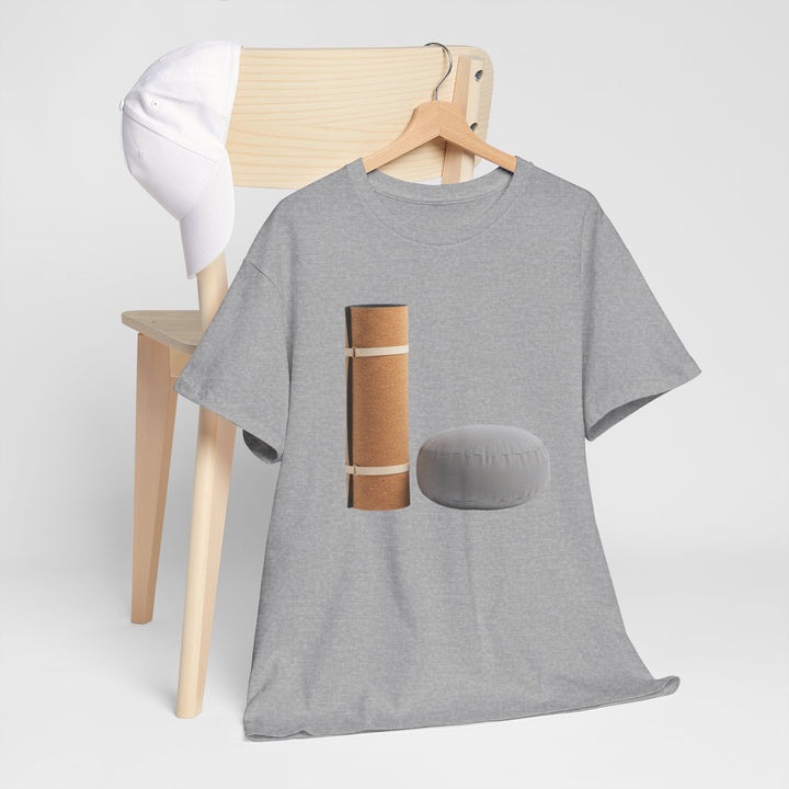Mat &amp; Meditation Cushion Tee – soft, breathable cotton featuring a yoga-inspired design. Perfect for meditation, studio practice, or mindful everyday wear.