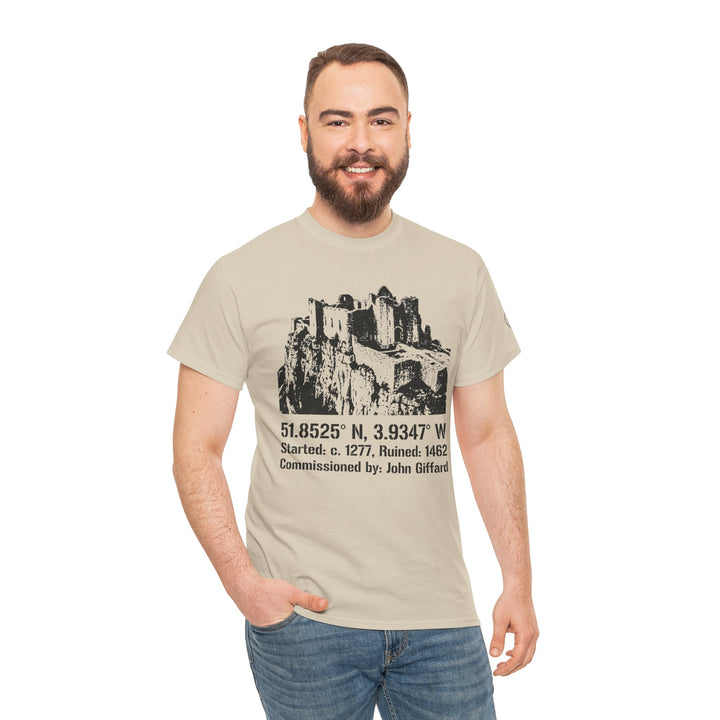 Tan T-shirt by S&amp;W Gallus featuring a black castle graphic with coordinates and historical information, worn with jeans.