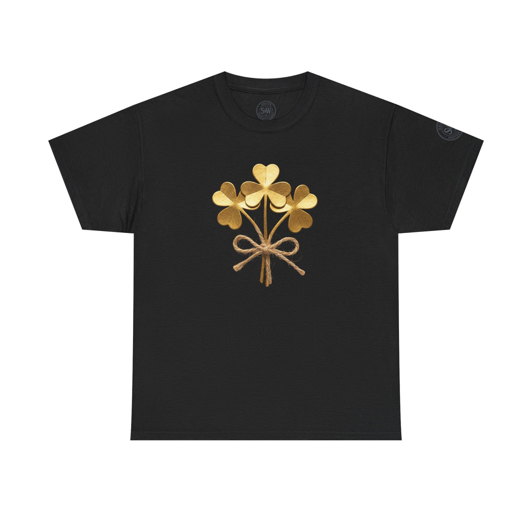 Black t-shirt by S&amp;W Gallus with a golden shamrock bouquet tied with a jute bow.