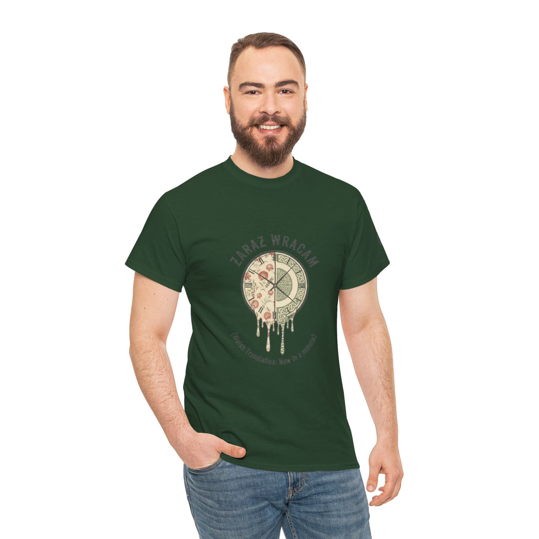 Forest green T-shirt by S&amp;W Gallus, featuring a clock design with pizza drip graphic and Welsh translation text.