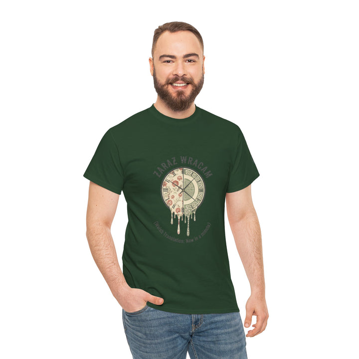 Forest green T-shirt by S&amp;W Gallus, featuring a clock design with pizza drip graphic and Welsh translation text.