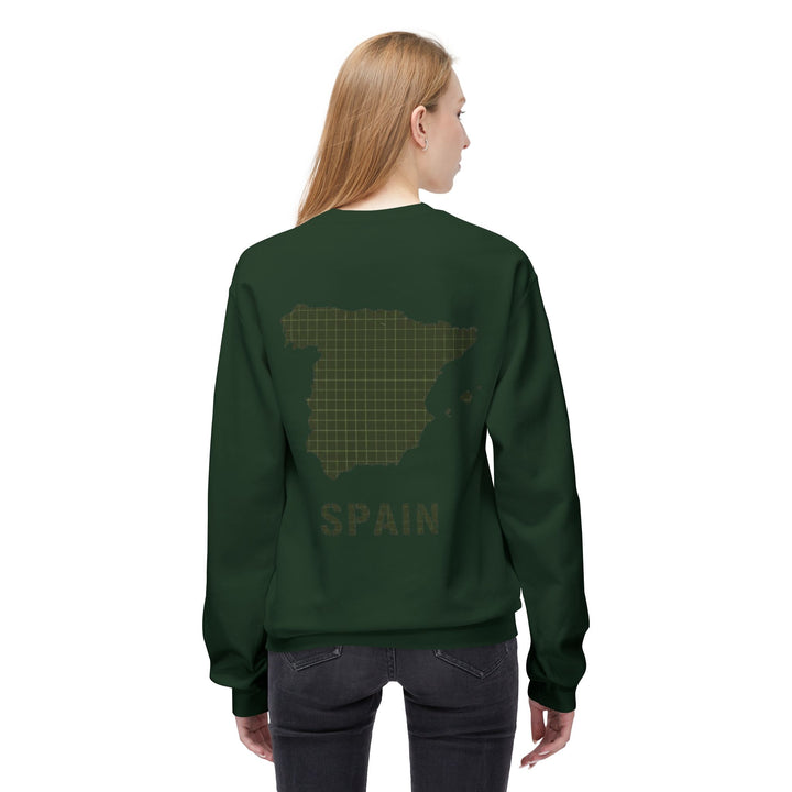 Spain Map Crewneck Sweatshirt — Military Green Grid Spain Graphic