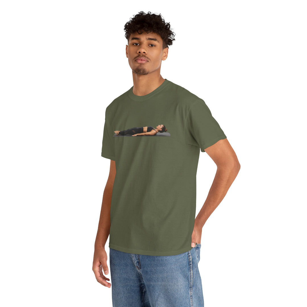Yoga Savasana Pose Tee – soft, breathable cotton featuring the iconic Savasana pose. Perfect for yoga practice, meditation, or casual, mindful lifestyle wear.