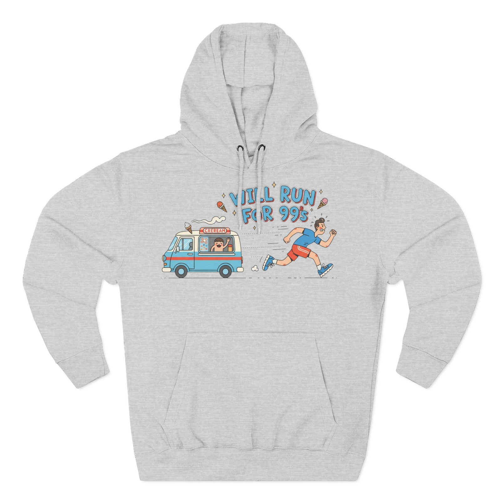 Gray hoodie by S&W Gallus featuring a humorous graphic of a running man chasing an ice cream truck.
