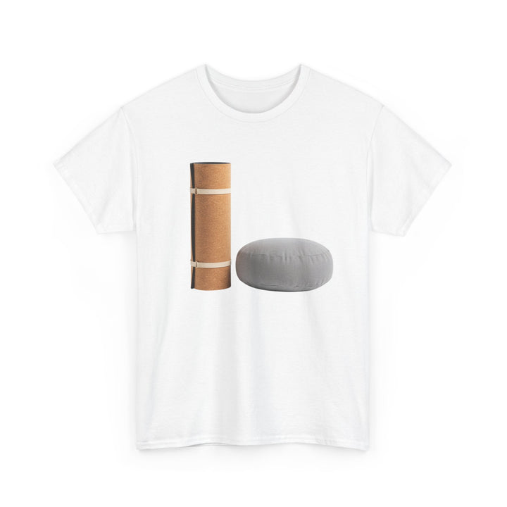 Mat &amp; Meditation Cushion Tee – soft, breathable cotton featuring a yoga-inspired design. Perfect for meditation, studio practice, or mindful everyday wear.