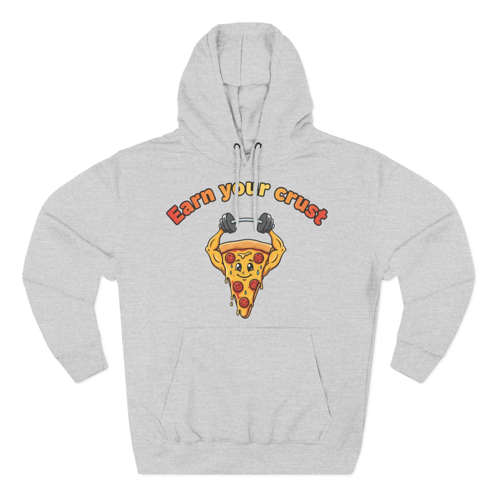 Gray hoodie by S&W Gallus featuring a pizza slice lifting weights and the text "Earn Your Crust."